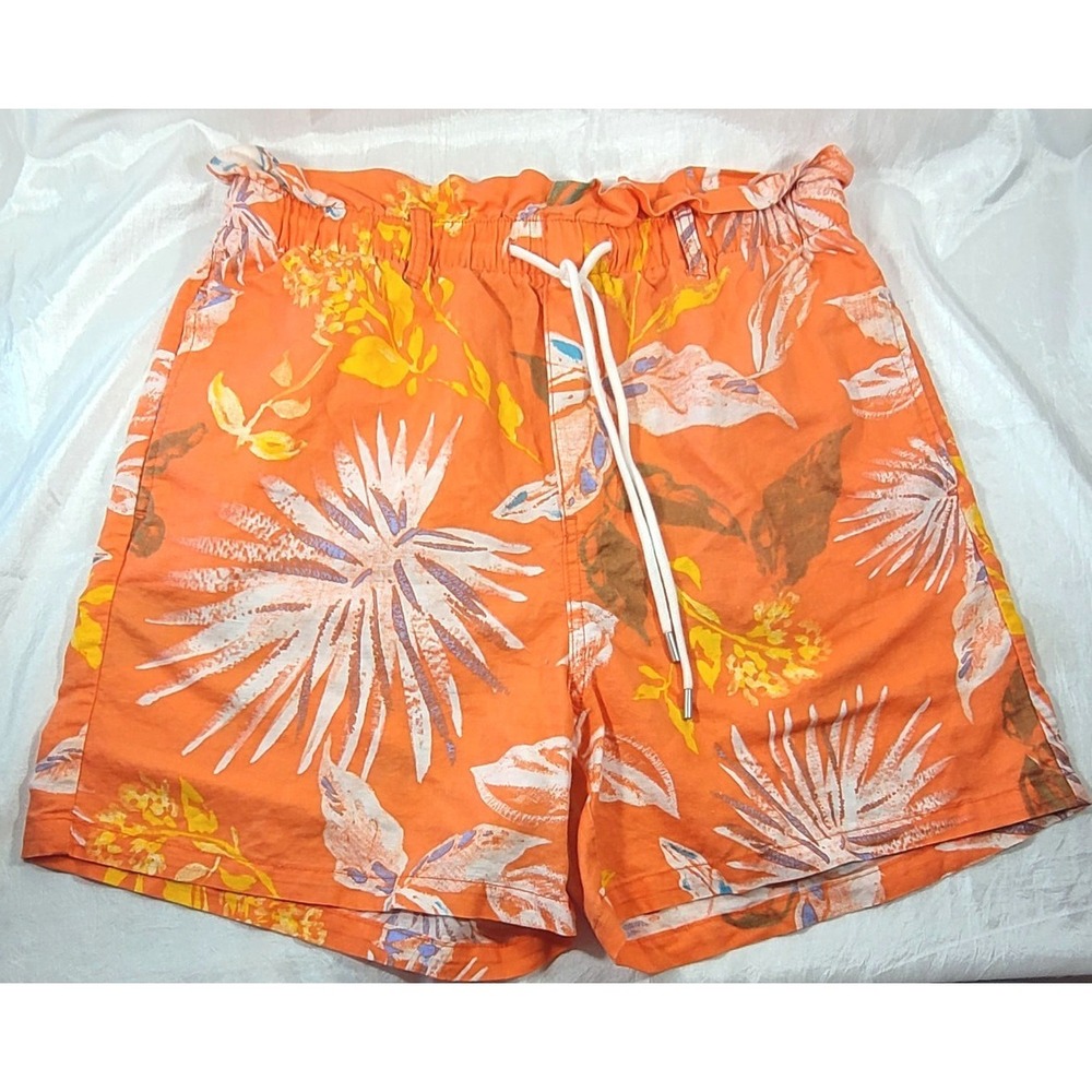 GAP Women's Paperbag Pull-on Linen-Cotton Tropical Print Shorts - Orange M Tall